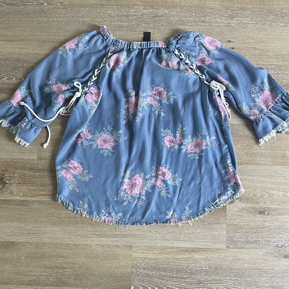 Ali Miles Off The Shoulder Floral Chambray Tunic XL Rope Tie Fray Hem Cottage - Picture 10 of 11
